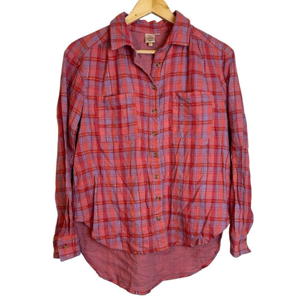 Seen Worn Kept Pink Plaid Hi-Lo Hem Button Front Shirt Blouse Size 4 Cotton - Picture 2 of 8